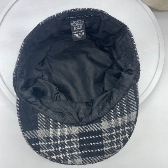 New York & Company Plaid Wool Blend Newsboy Cap Women S/M Side Buckles Black - Picture 5 of 6